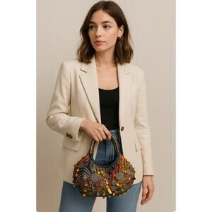 Chico's Heavily Beaded Coins Handbag Art to Wear Boho Kaleidoscop Silver Rings